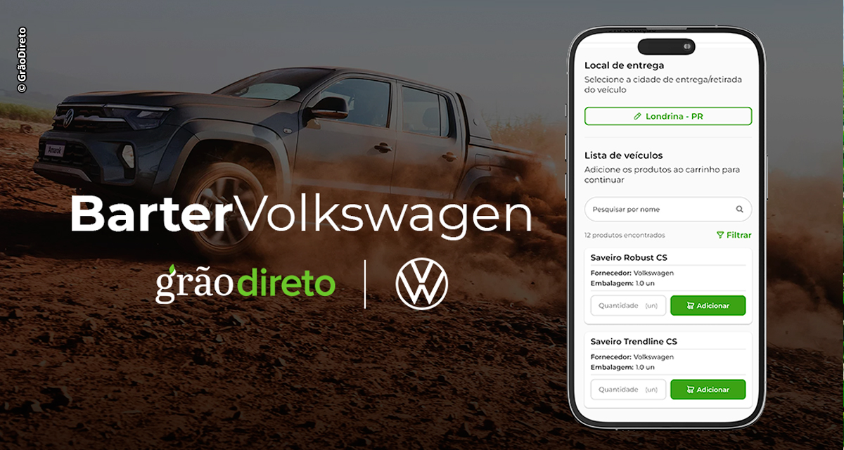 Volkswagen e Grão Direto anunciam parceria inédita que permitirá que produtores adquiram veículos da marca alemã com pagamento em grãos